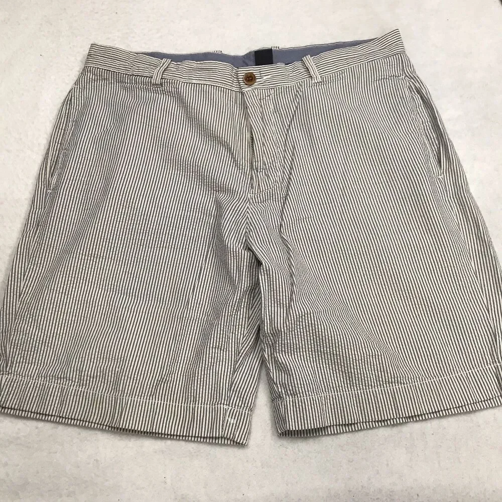 J CREW Seersucker Shorts Men 34 Blue Hickory Railroad Stripe Flat Front Chino